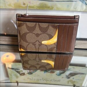 Coach Brown and Tan Card Holder with Yellow Detail